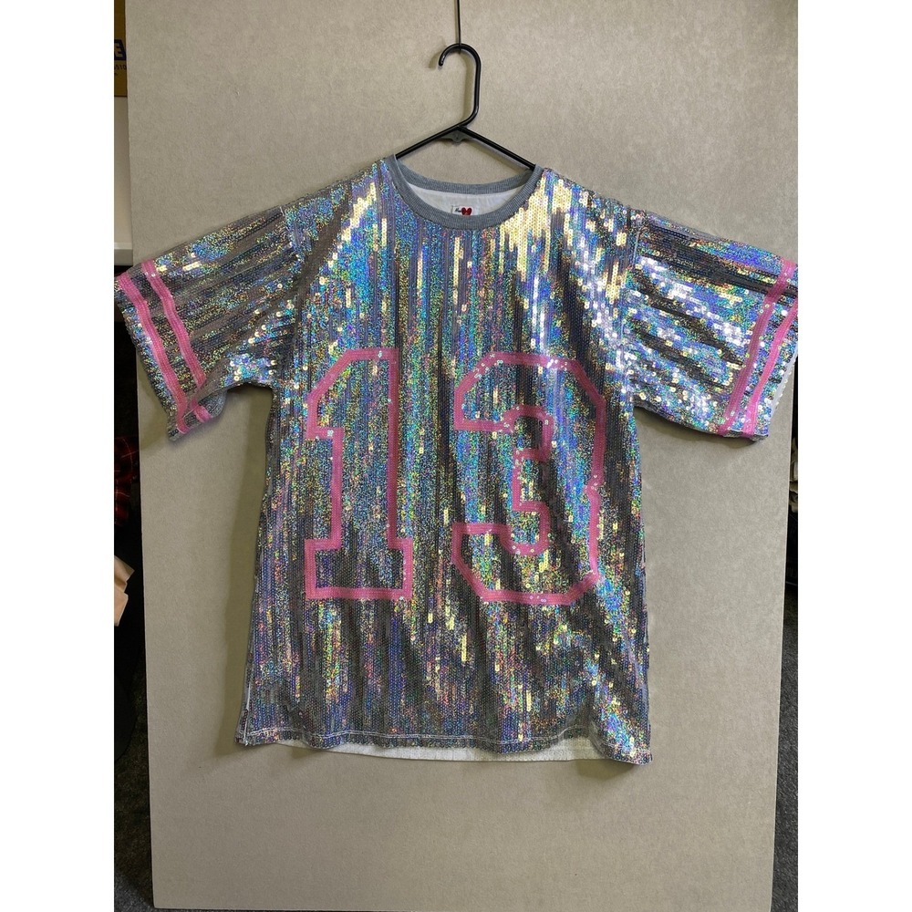 Heart & Heels Holographic Sequin Jersey Top Pink 13 Silver Iridescent S/M